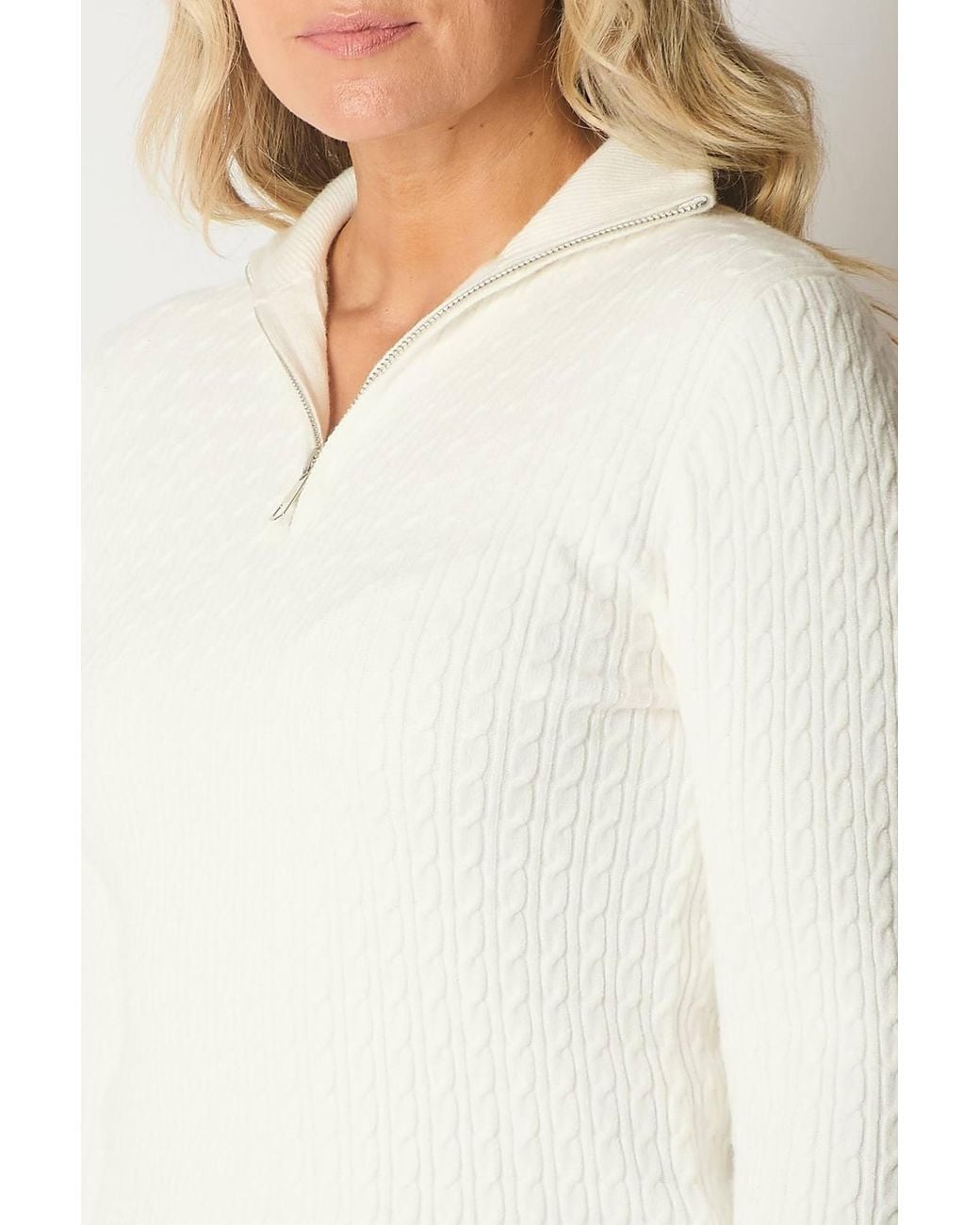 Solo White Cable Knit Quarter-Zip Sweater With Button Cuff Detail