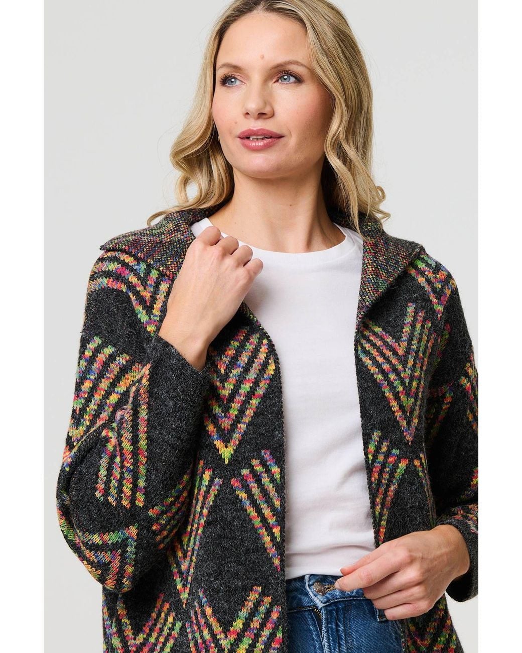 Izabel London Blue Abstract Print Longline Knitted Jacket