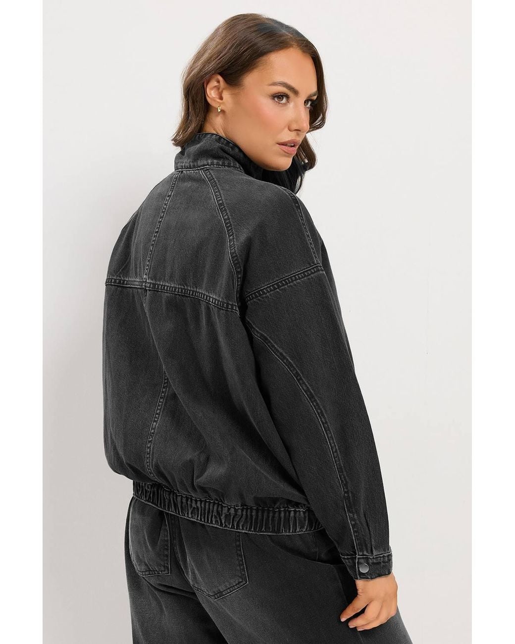 Yours Black Denim Funnel Neck Bomber Jacket