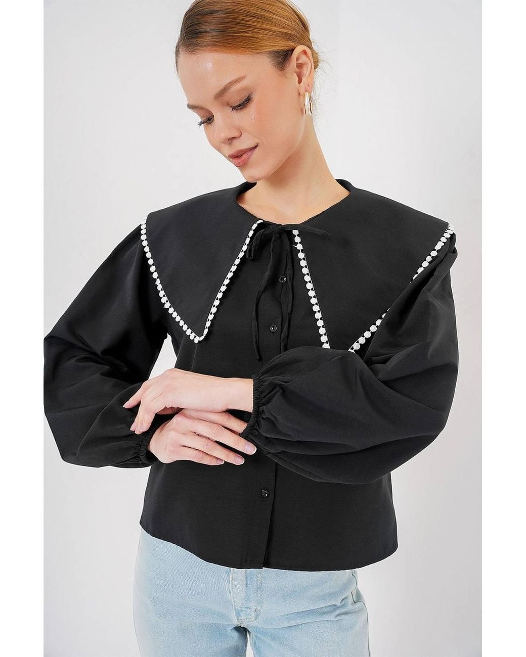 Bigdart Black Poplin Baby Collar Shirt With Bow