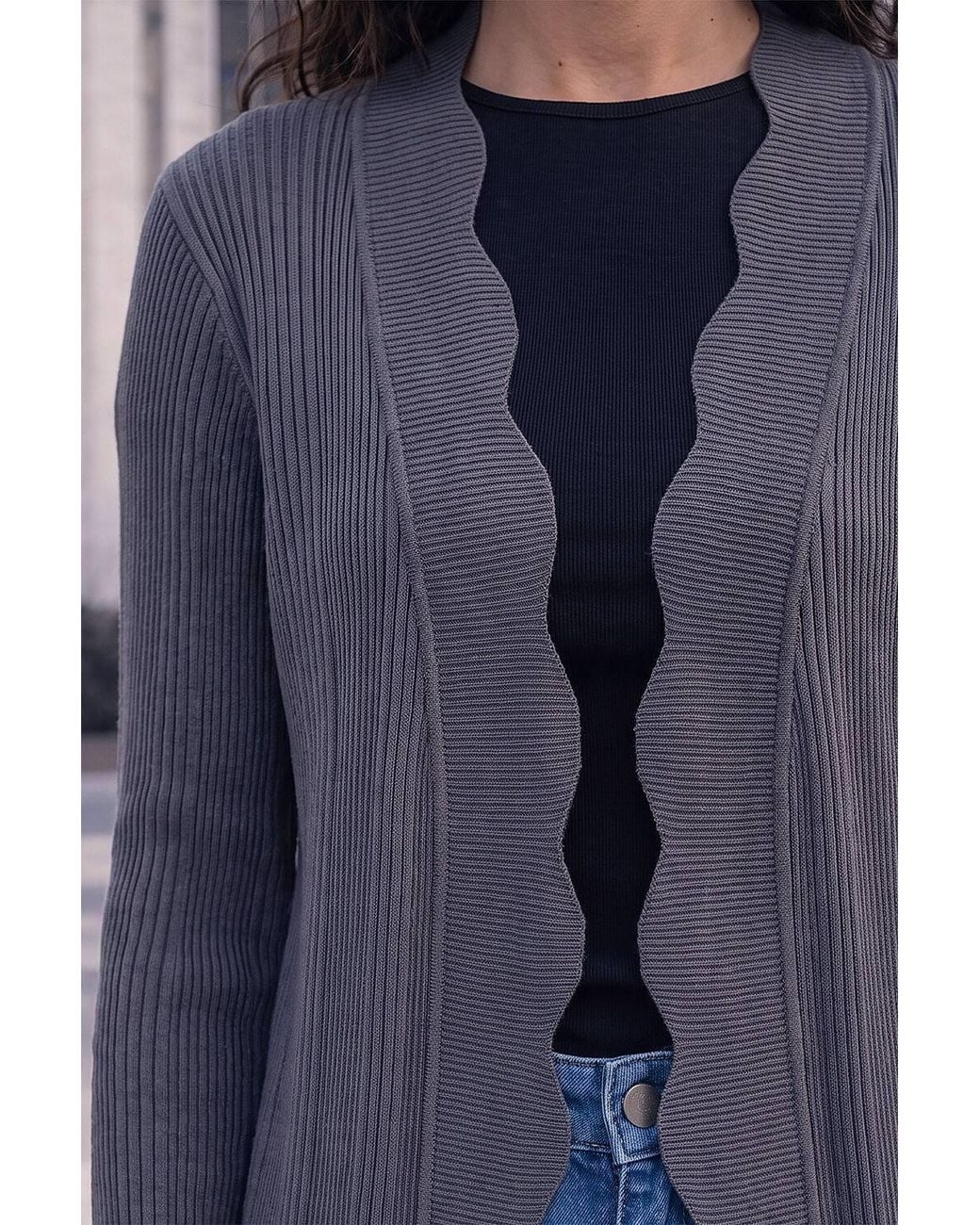 Roman Blue Rib Knit Scallop Trim Cardigan