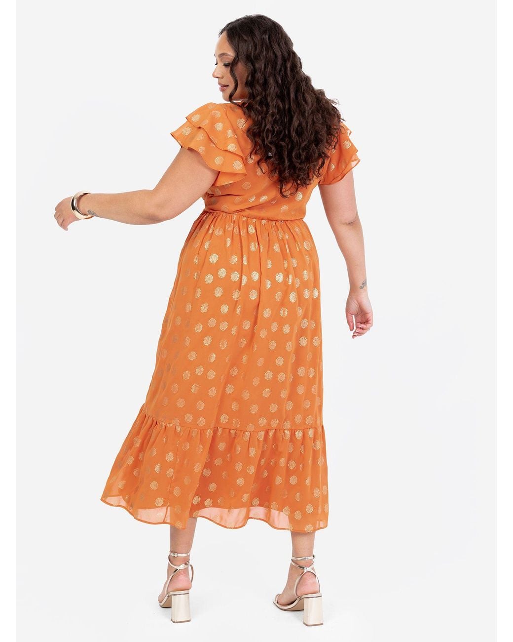 Lovedrobe Orange V Neck & Flutter Sleeve Metallic Midi Dress