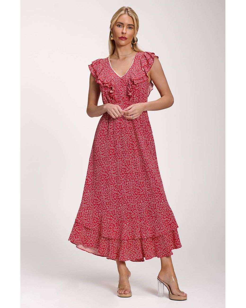 Jolie Moi Red Ruffle V-Neck Viscose Midi Dress
