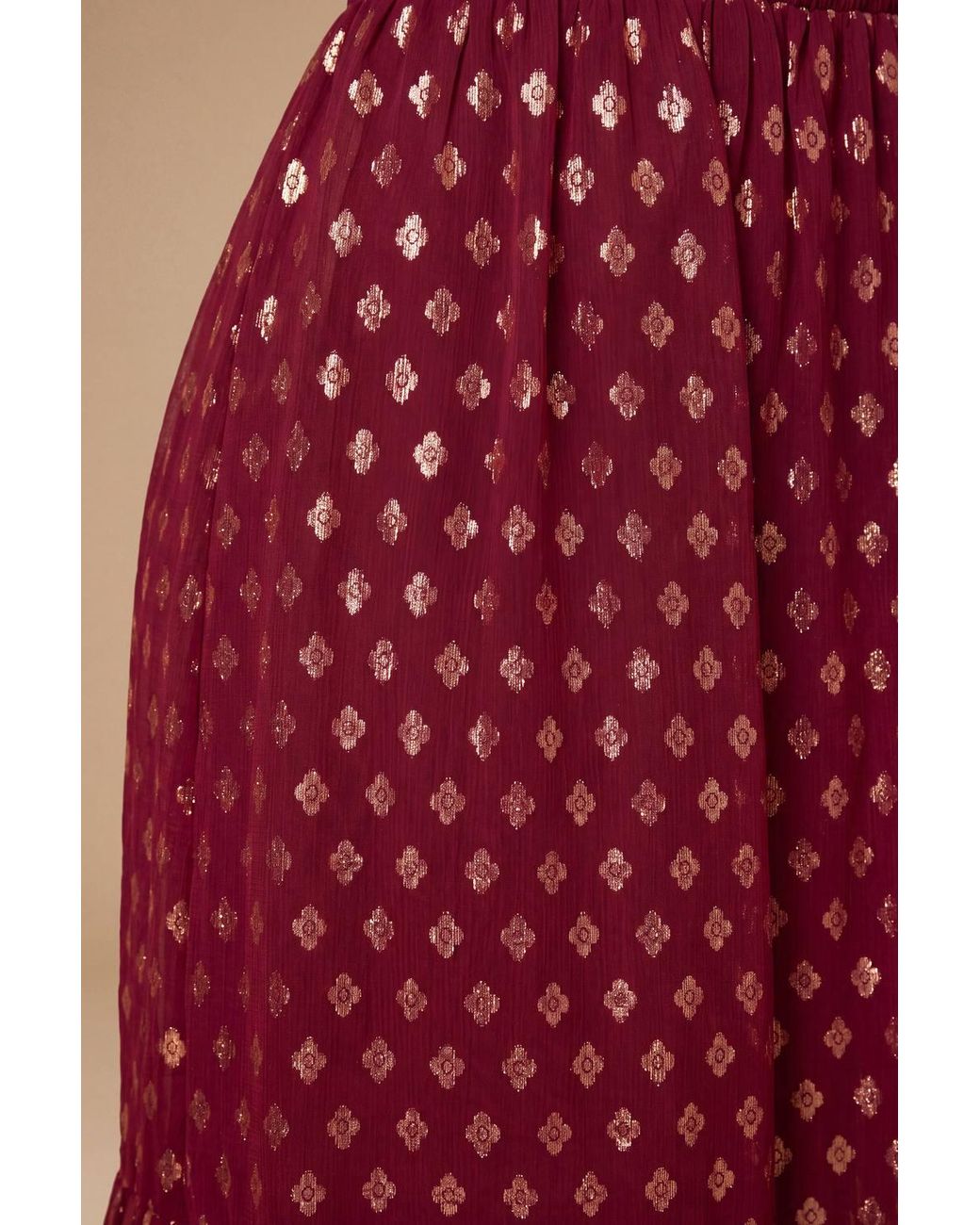 Dorothy Perkins Red Petite Tie Neck Metallic Jacquard Blouson Sleeve Midaxi Dress
