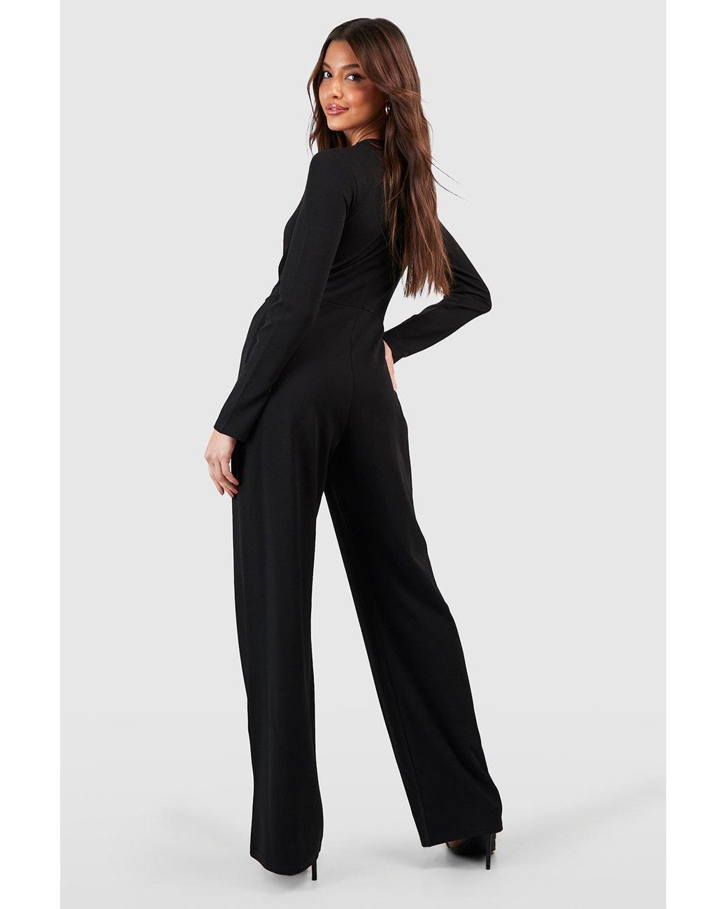 Boohoo Tailored High Neck Cinched Waist Wide Leg Jumpsuit in Blue