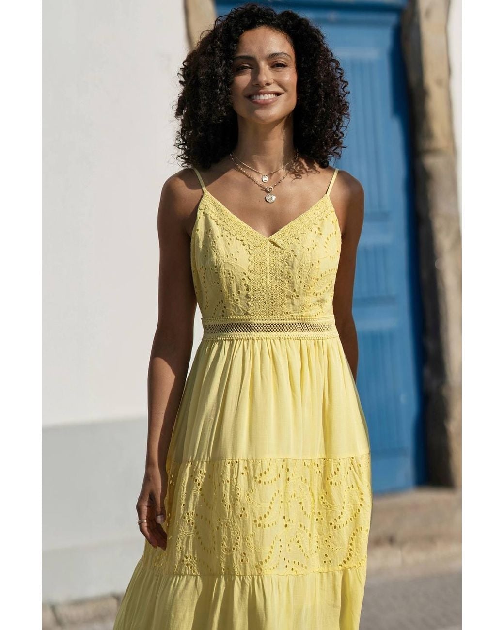 Yumi' Yellow Butter Cotton Lace Trim Midi Dress