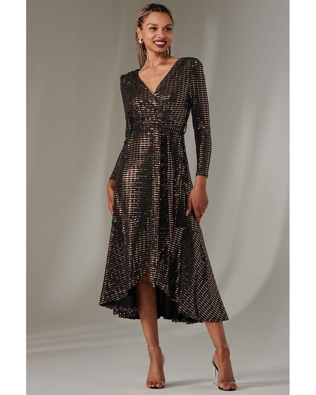 Jolie Moi Brown Long Sleeve Metallic Spot Maxi Dress