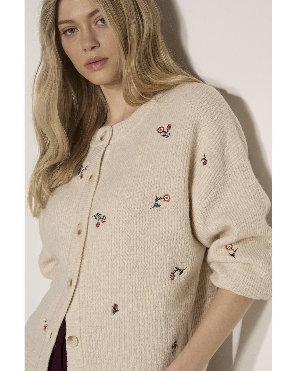 Apricot Natural Soft Ribbed Knit Floral Embroidered Cardigan