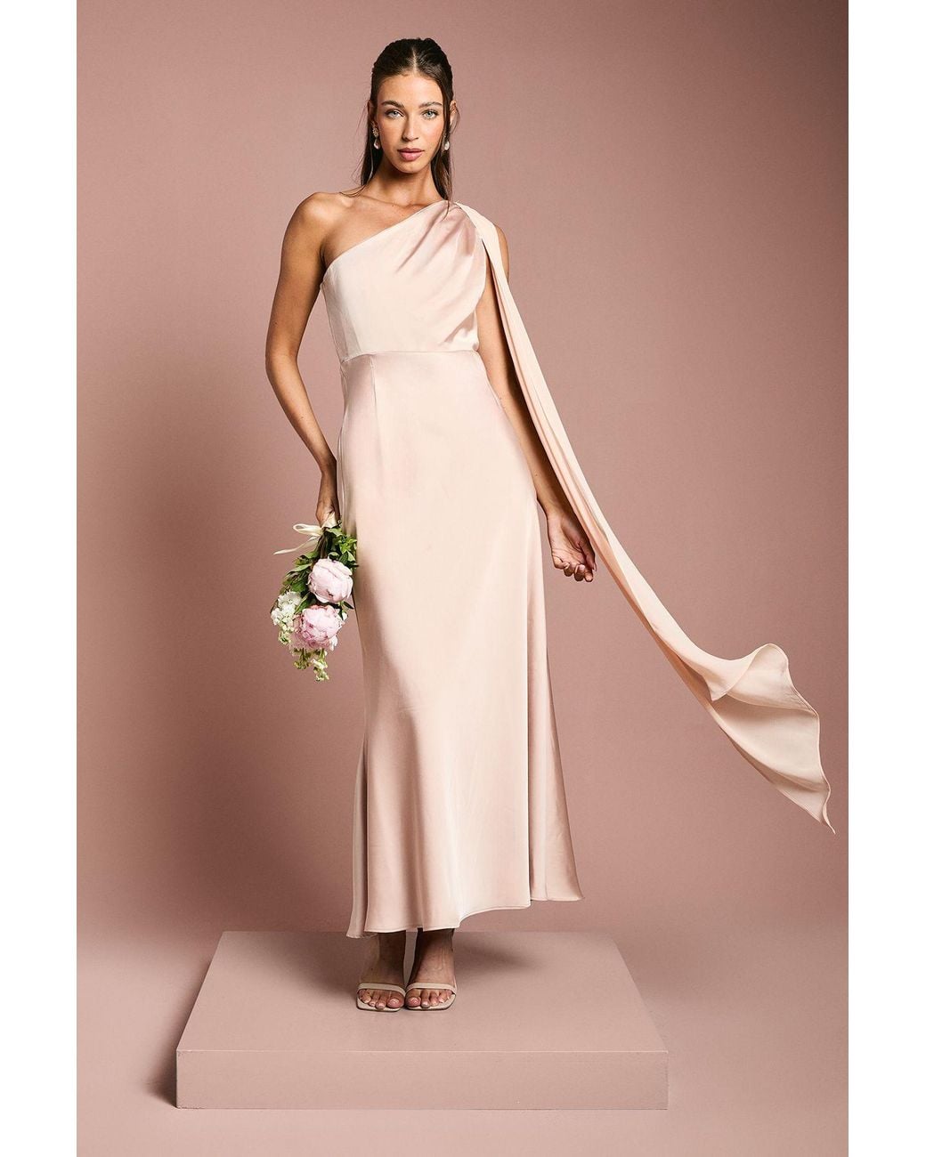 Coast Pink Satin One Shoulder Bridesmaid Dress With Chiffon Drape