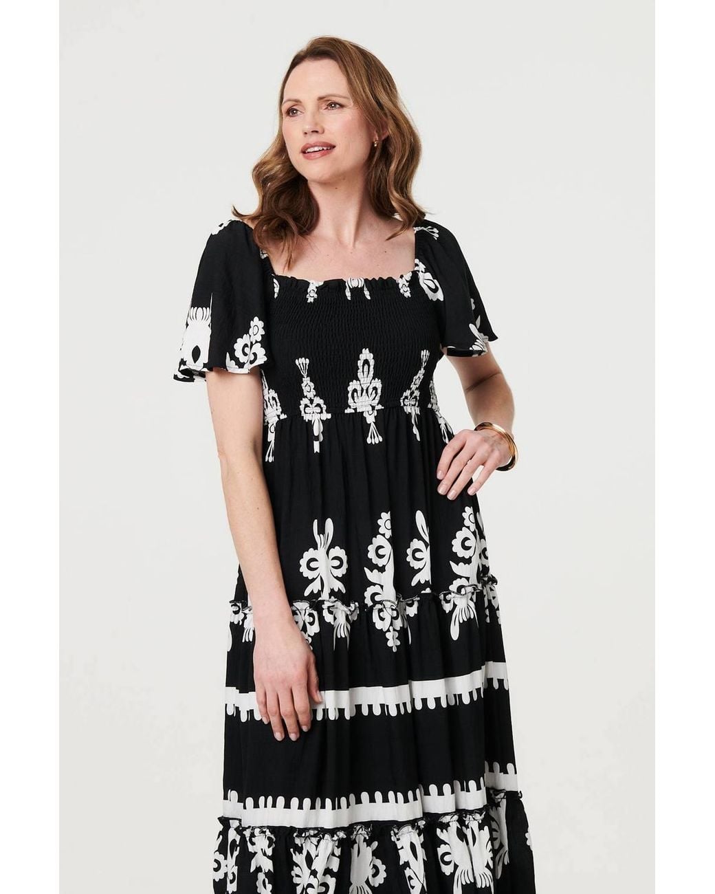 Izabel London White Ikat Print Short Angel Sleeve Maxi Dress