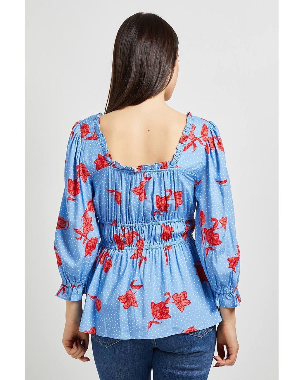 Dorothy Perkins Blue Floral Square Neck Blouson Sleeve Top
