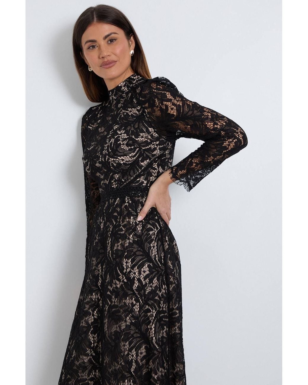 Wallis Black Lace Trim Fit & Flare Midi Dress