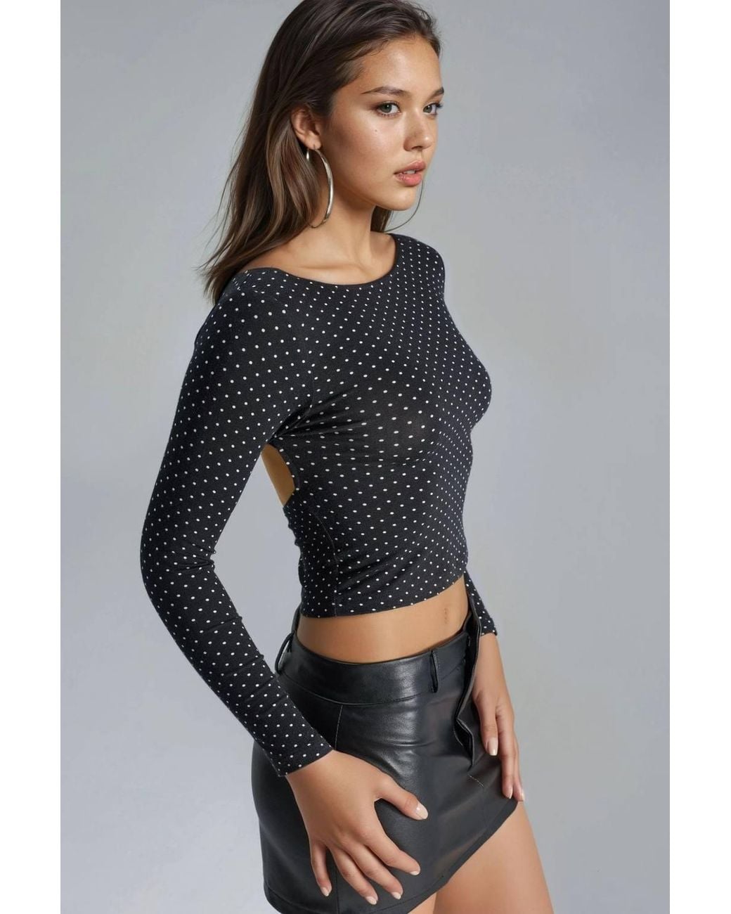 Busem Black Polka Dot Slim Fit Crop Blouse With Back Detail