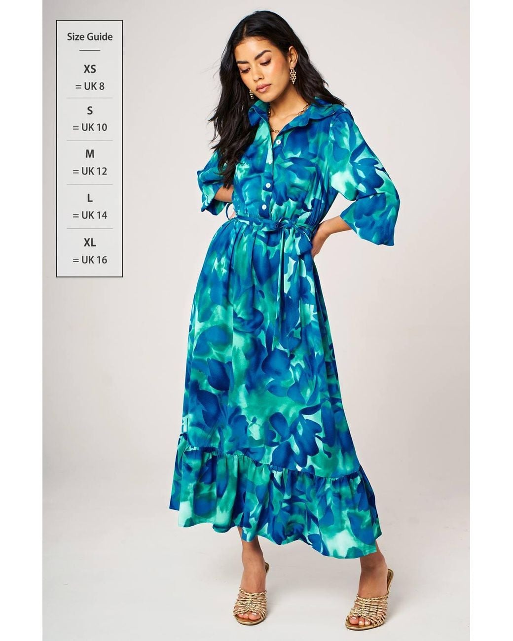 FS Collection Blue Abstract Floral Print Shirt Midi Dress With Ruffled Hem