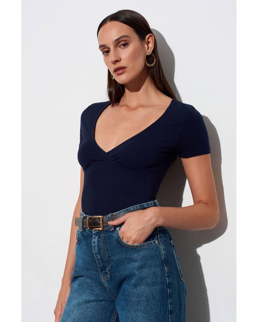 Dilvin Blue Fitted V-Neck Short-Sleeve T-Shirt