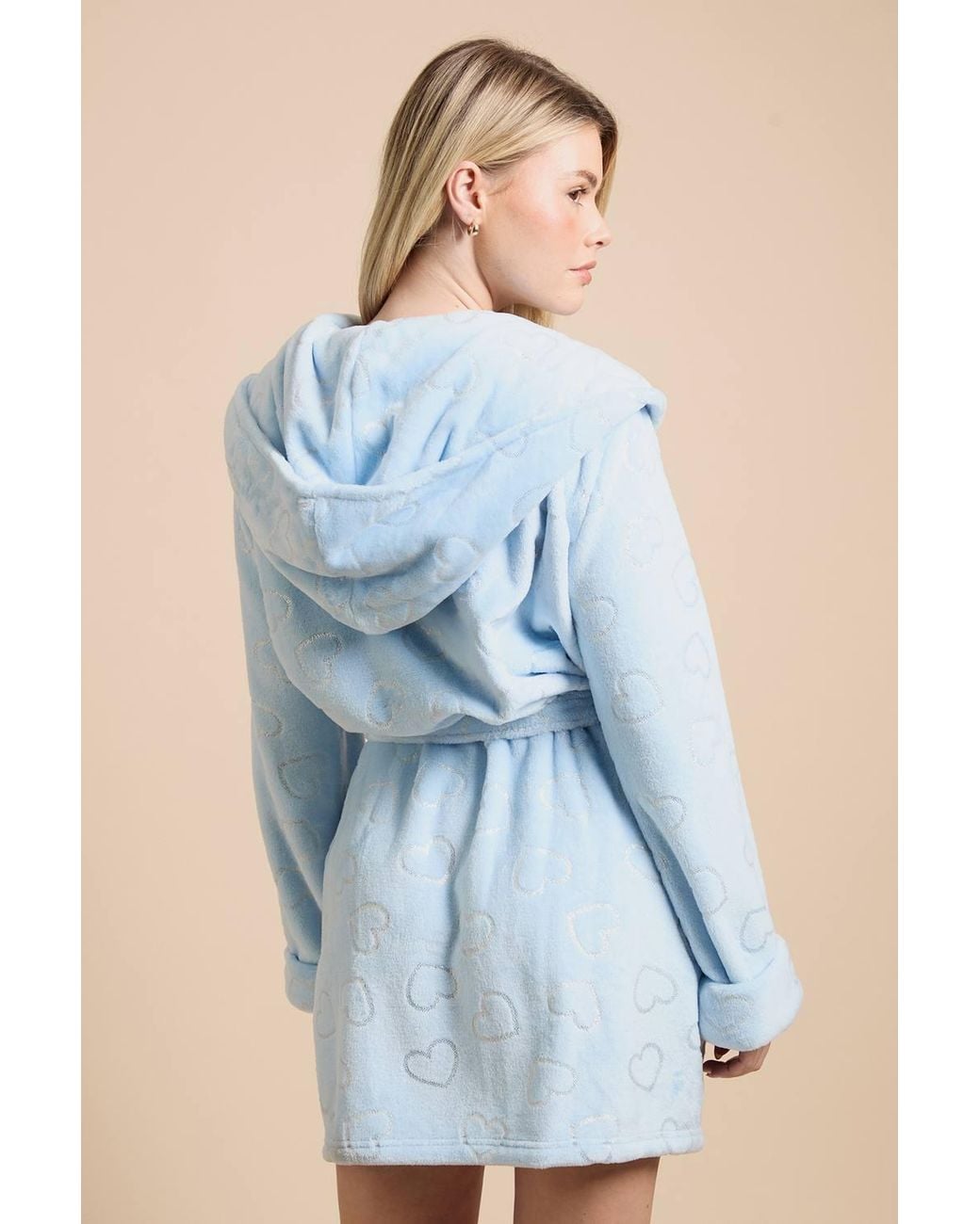 Dorothy Perkins Blue Foil Heart Velour Hooded Short Dressing Gown