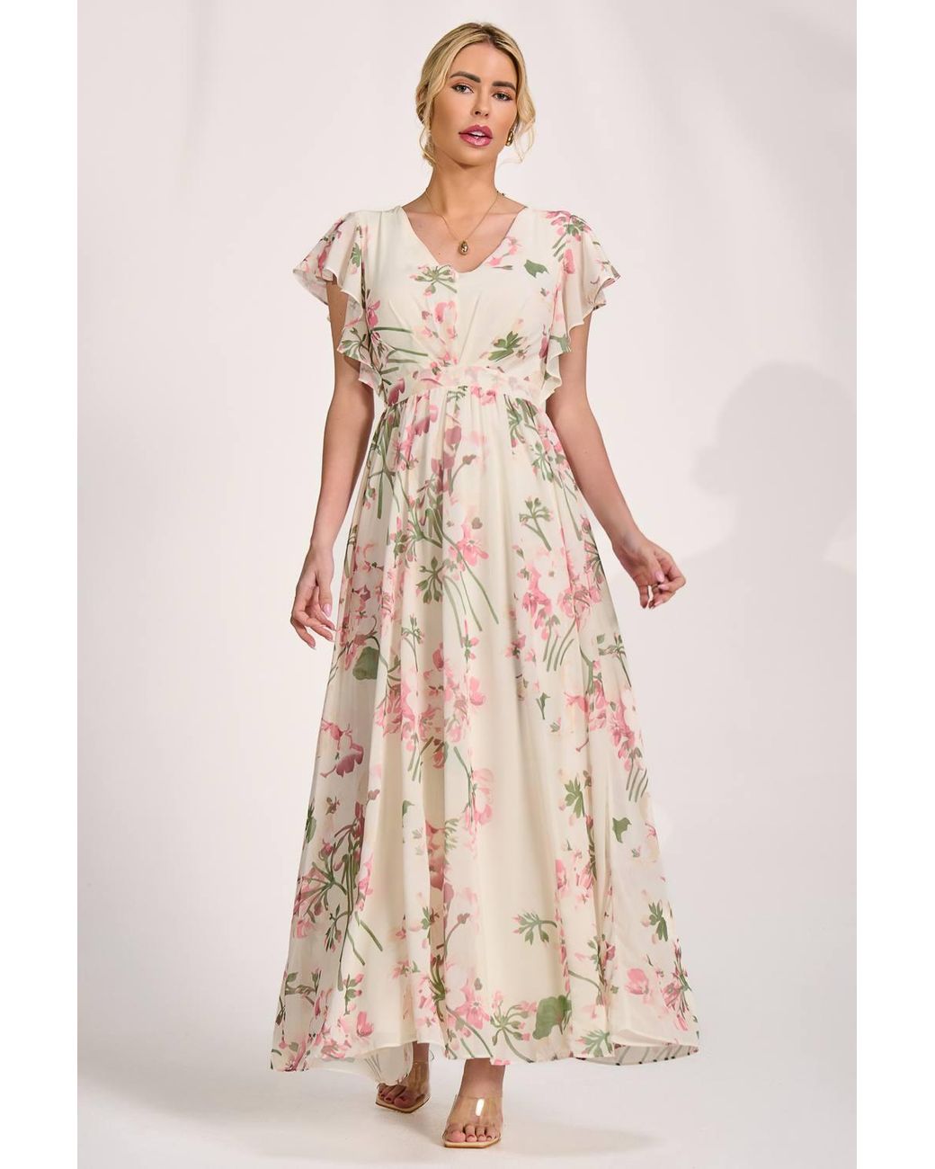 Jolie Moi Natural Ruffle Printed Chiffon Maxi Dress