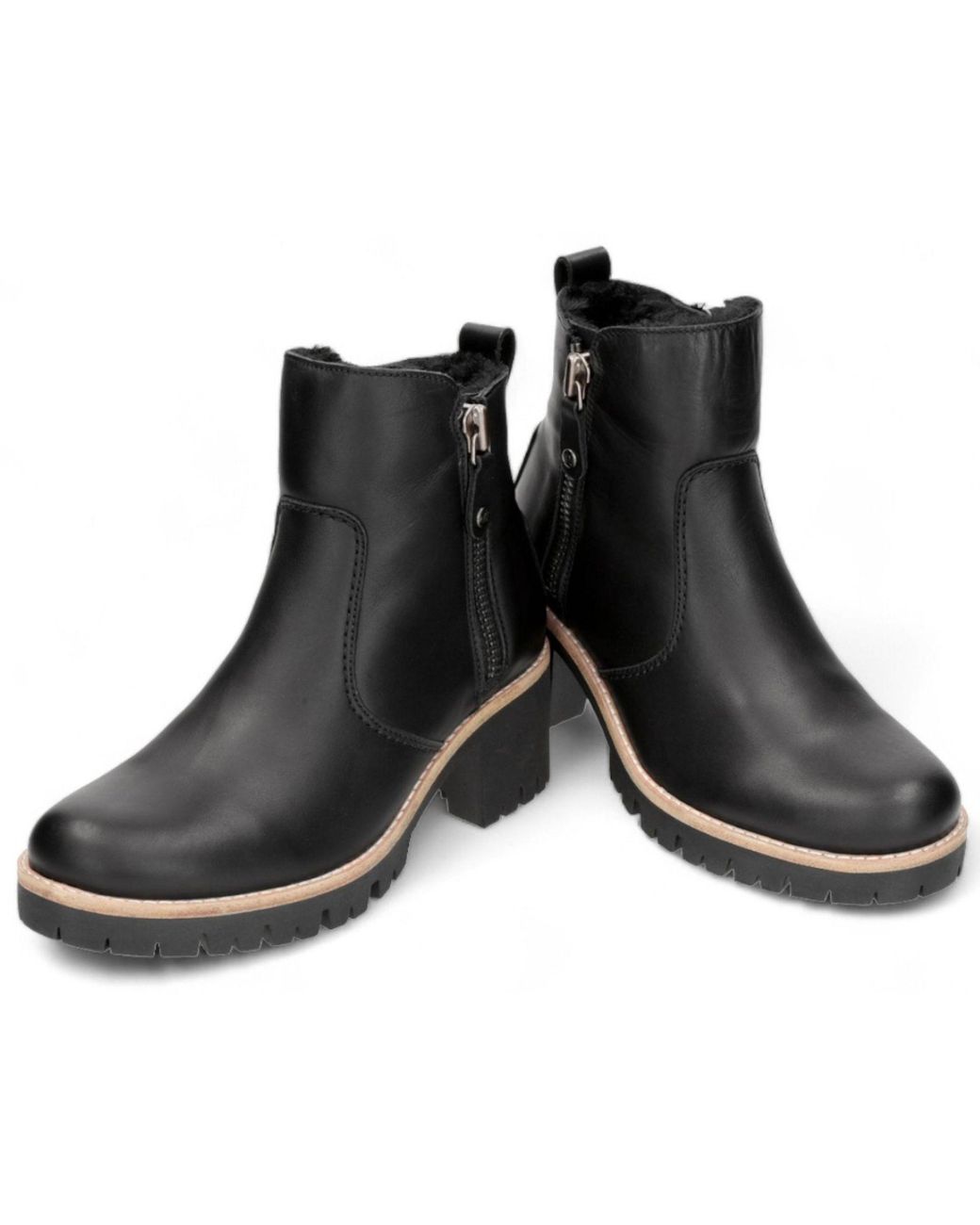 TruClothing Black Side Zipped Faux Fur Lining Block Heel Leather Ankle Boots