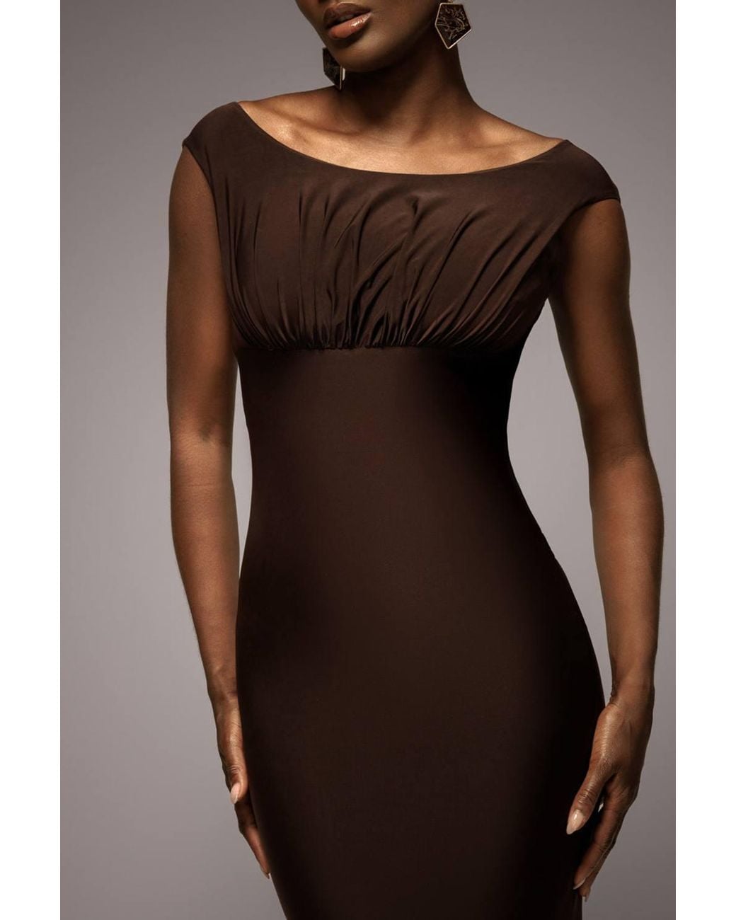Goddiva Brown Open Back Cowl Neck Gathered Maxi Dress With Velvet Tie Back