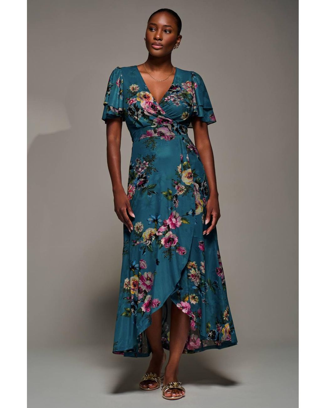 Jolie Moi Blue Angel Sleeve Mesh Frill Wrap Maxi Dress