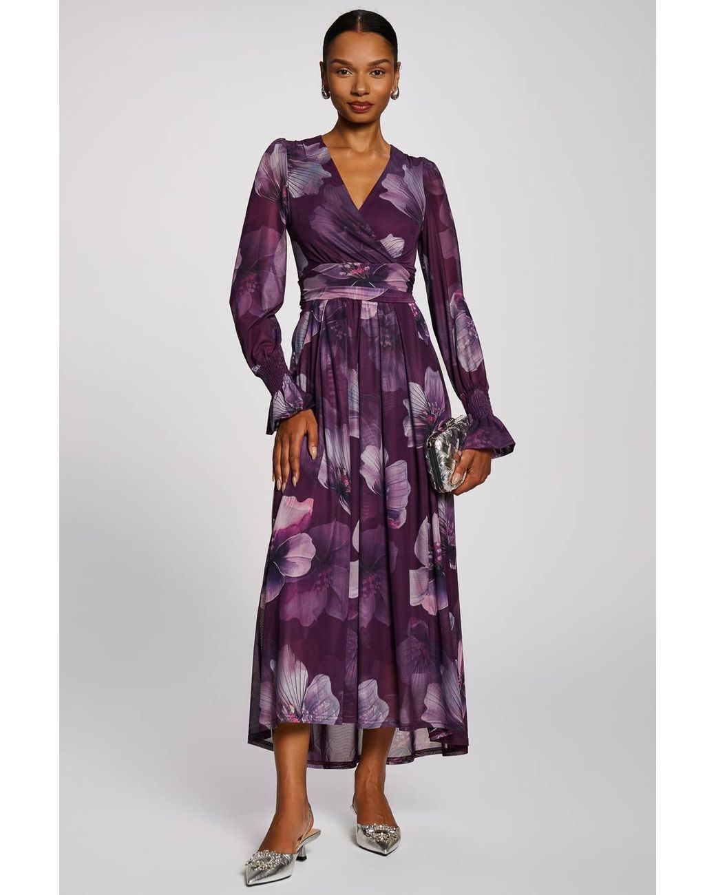 Jolie Moi Purple Long Sleeve V Neck Mesh Maxi Dress