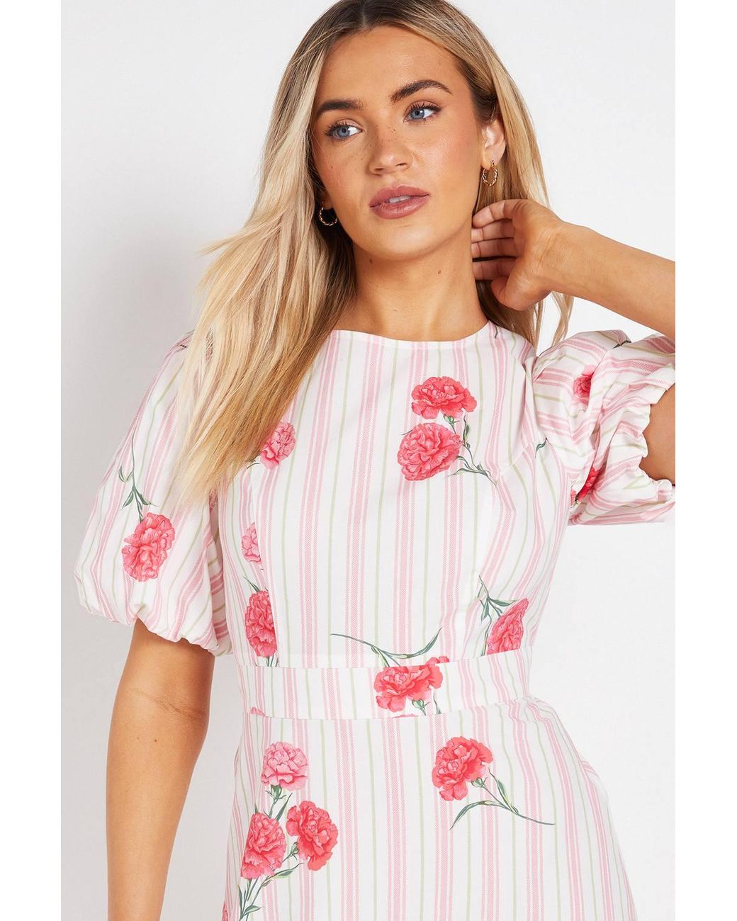 Dorothy Perkins White Puff Sleeve Princess Seam Poplin Midi Dress