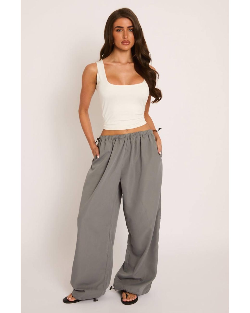 Rebellious Fashion Gray Wide Leg Parachute Trousers