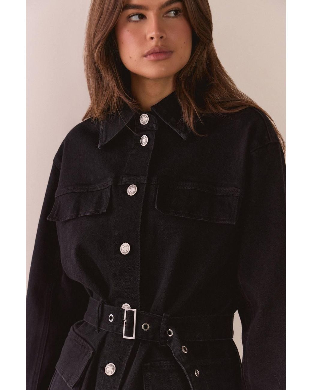 Warehouse Black Pocket Detail Belted Denim Jacket