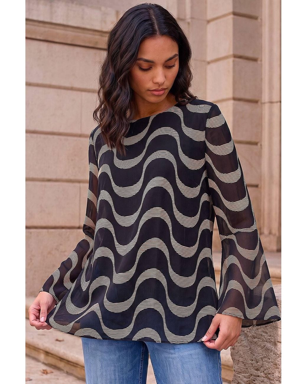 Roman Black Printed Mesh Overlay Top