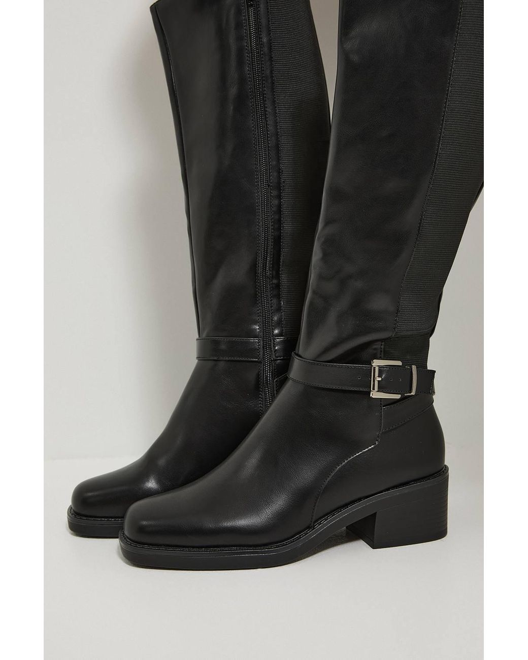 Dorothy Perkins Black Melanie Faux Leather Buckle Detail Chunky Medium Block Heel Knee Boots