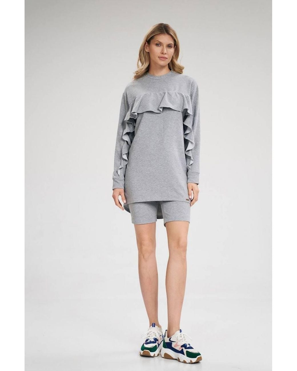 Love Lace Gray Cotton Long Sleeve Tunic With Bust Ruffle Style 162357
