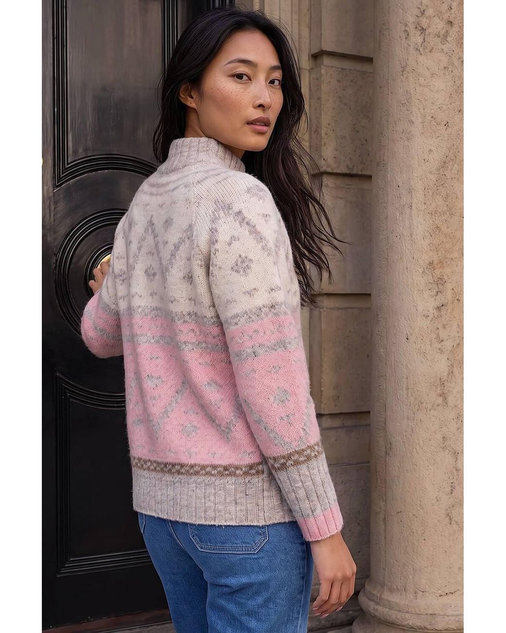 Roman Pink Petite Aztec Colour Block Knit Jumper