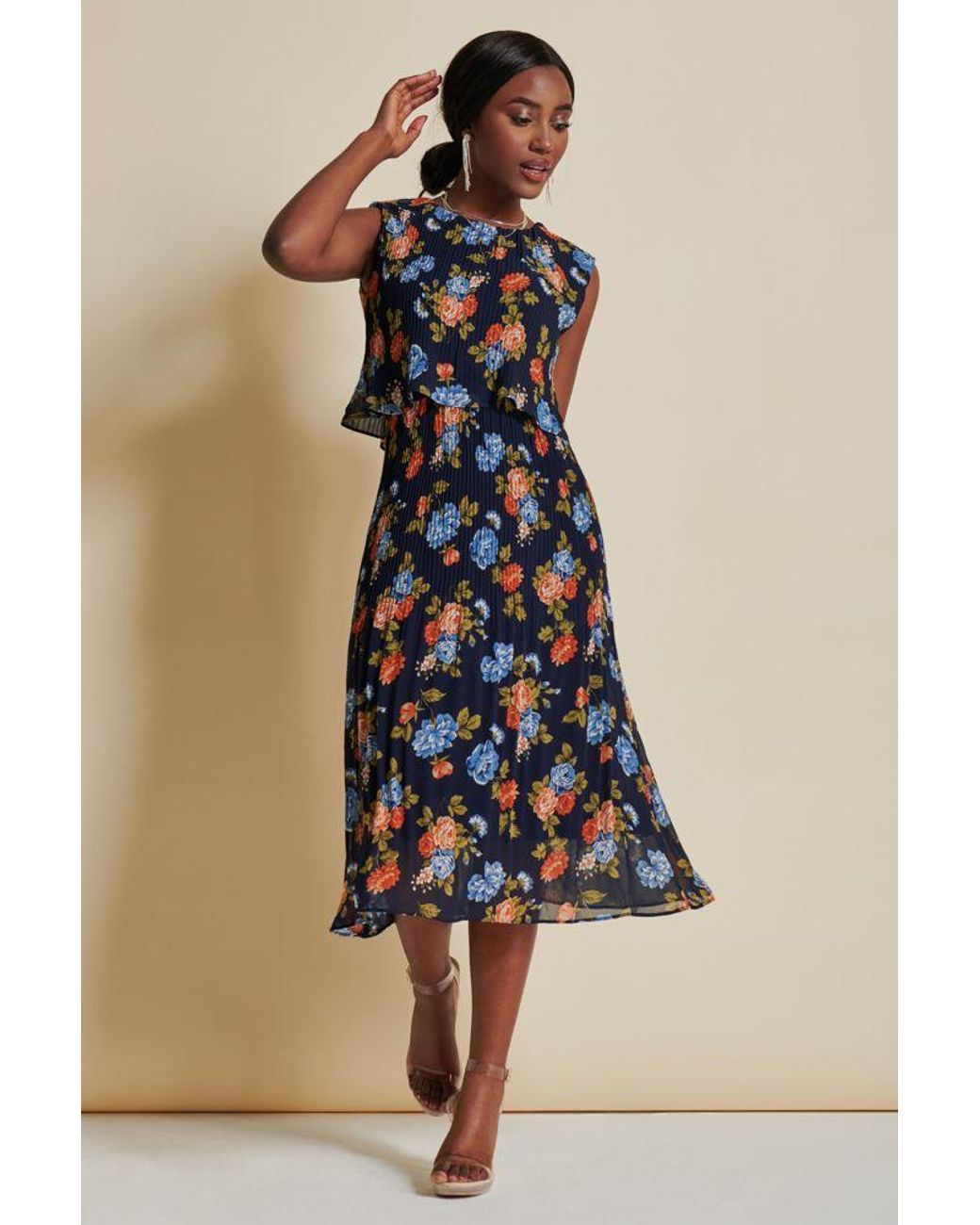 Jolie Moi Blue Chiffon Pleated Overlay Midi Dress