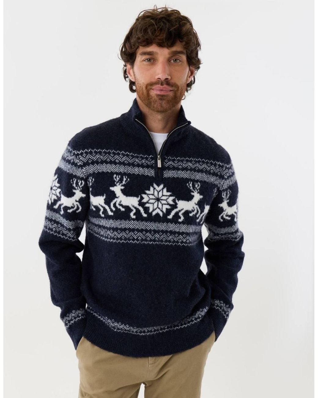 Threadbare Blue Fairisle Knitted Quarter Zip Christmas Jumper for men