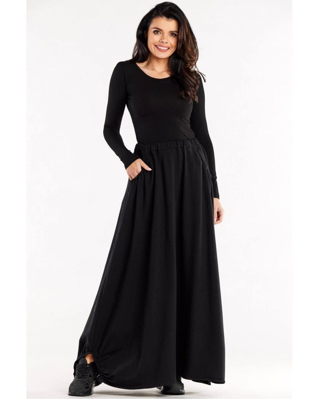 Love Lace Black Trapeze Long Skirt With Pockets Elastic Waist