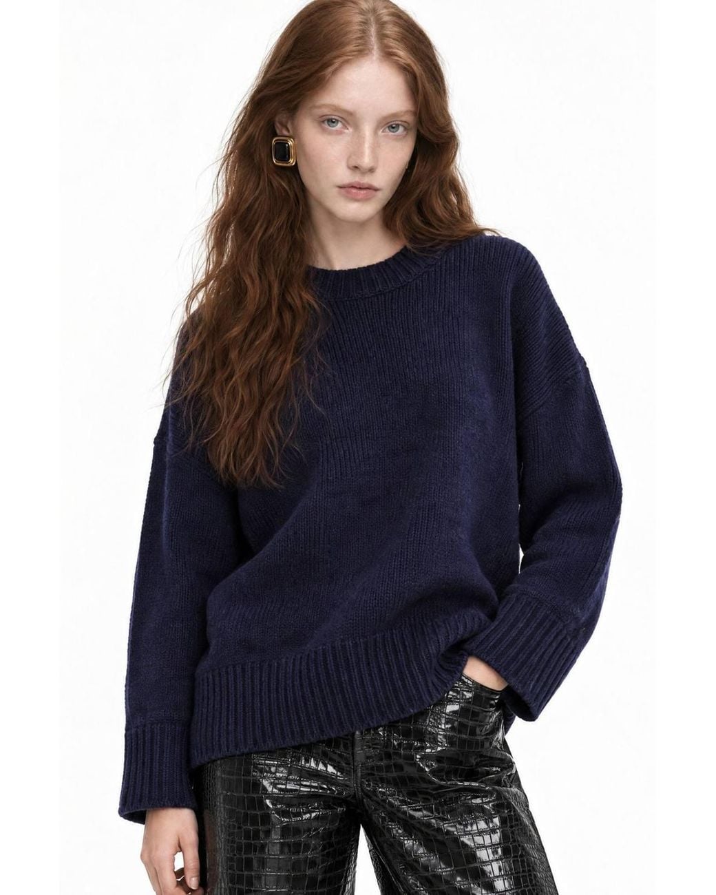 MixRay Blue Oversized Ribbed Knit Sweater With Crew Neck