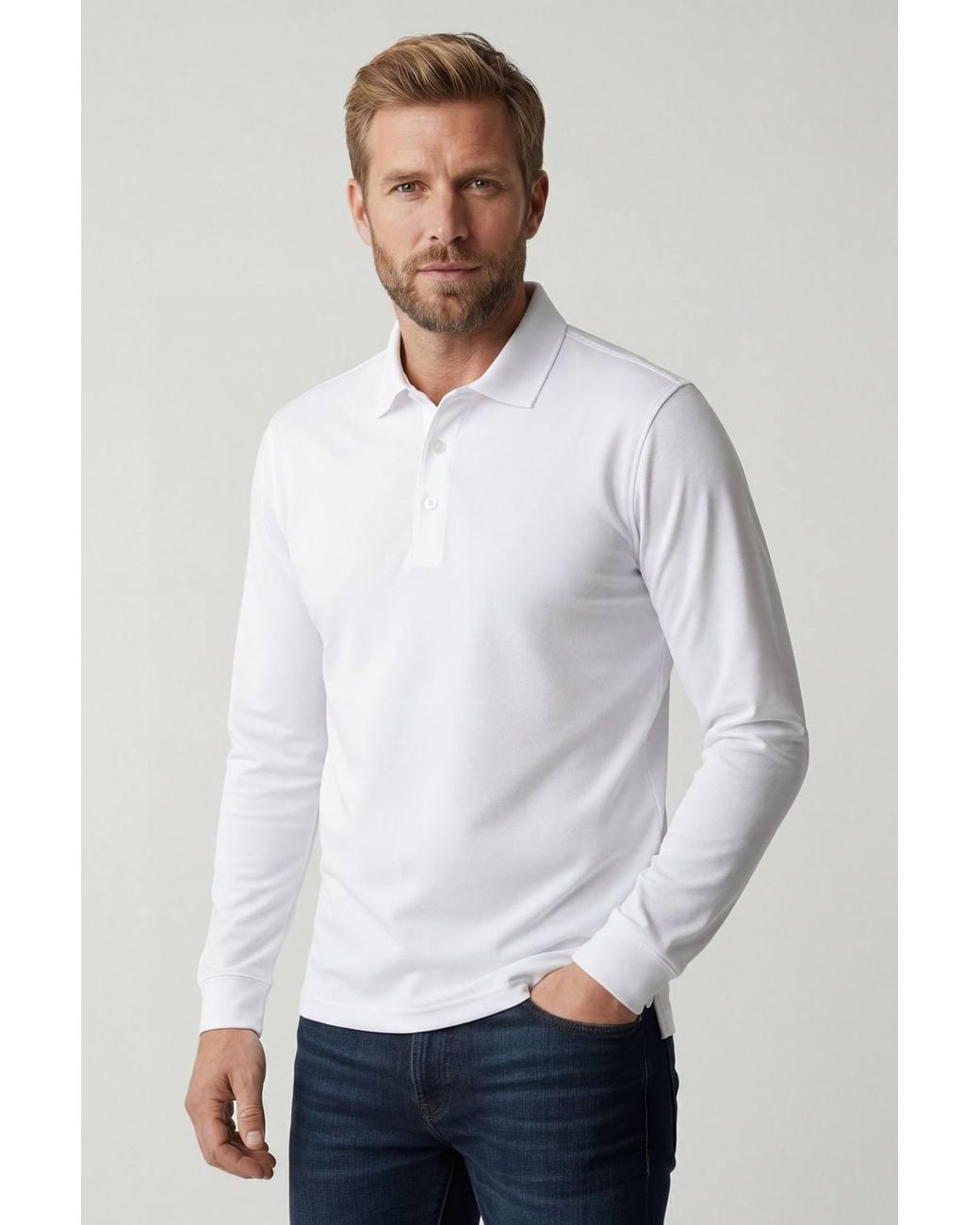 Lands' End White Long Sleeve Supima Polo Shirt, Traditional Fit for men