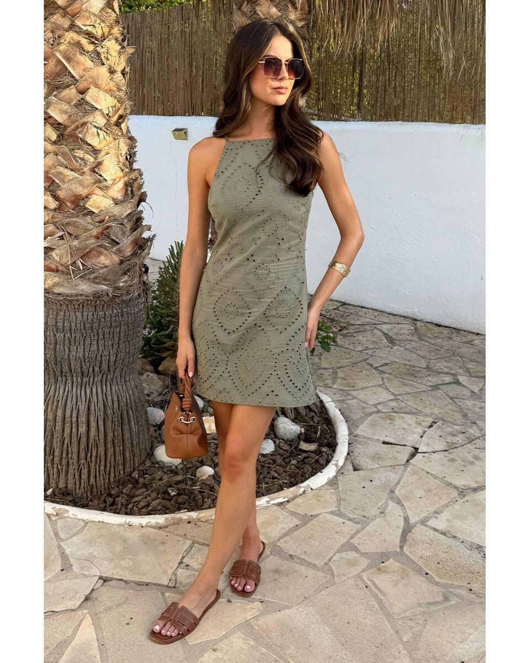 AX Paris Green Broderie Racer Neck Slip Mini Dress