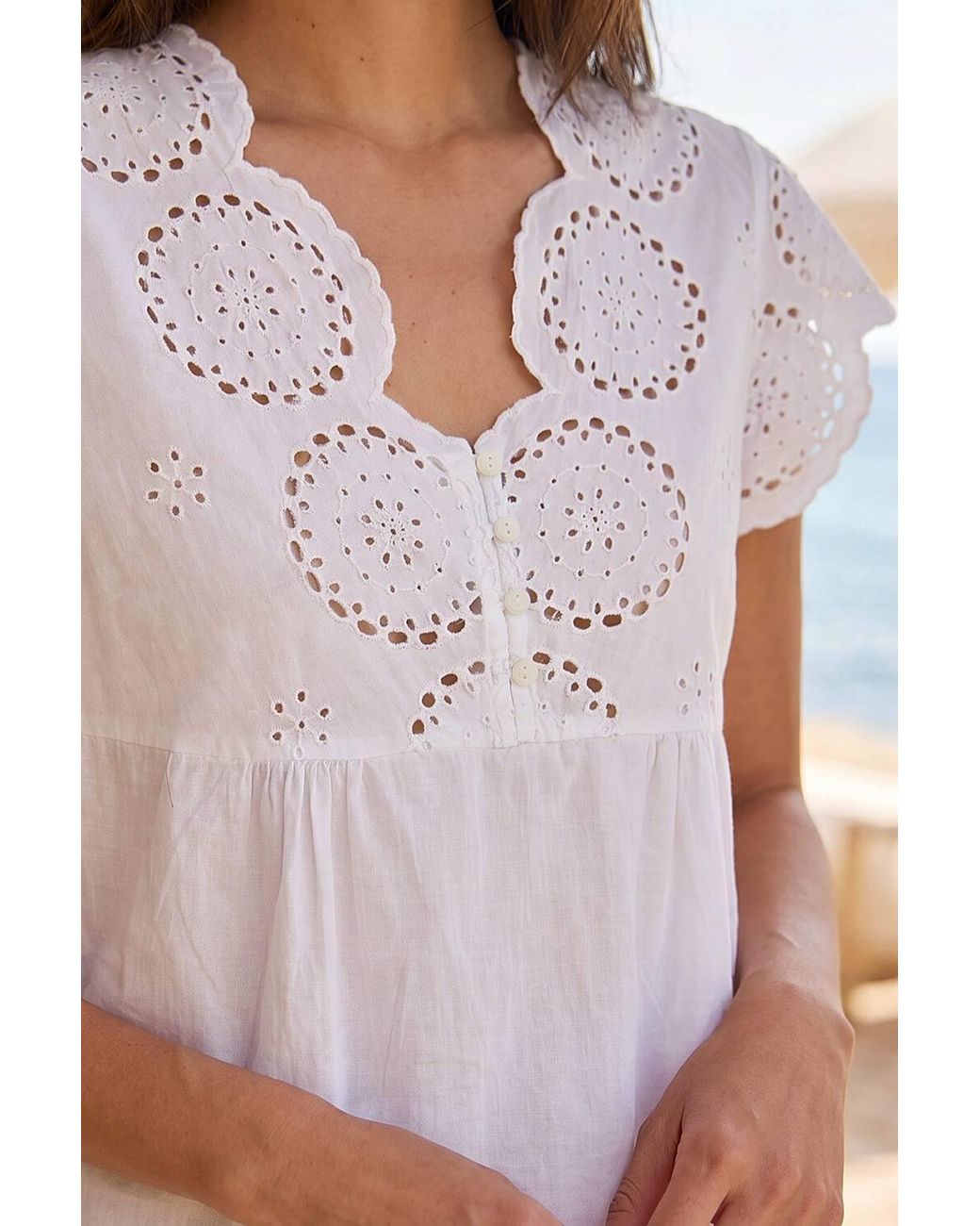 Roman Brown Broderie Buttoned Top