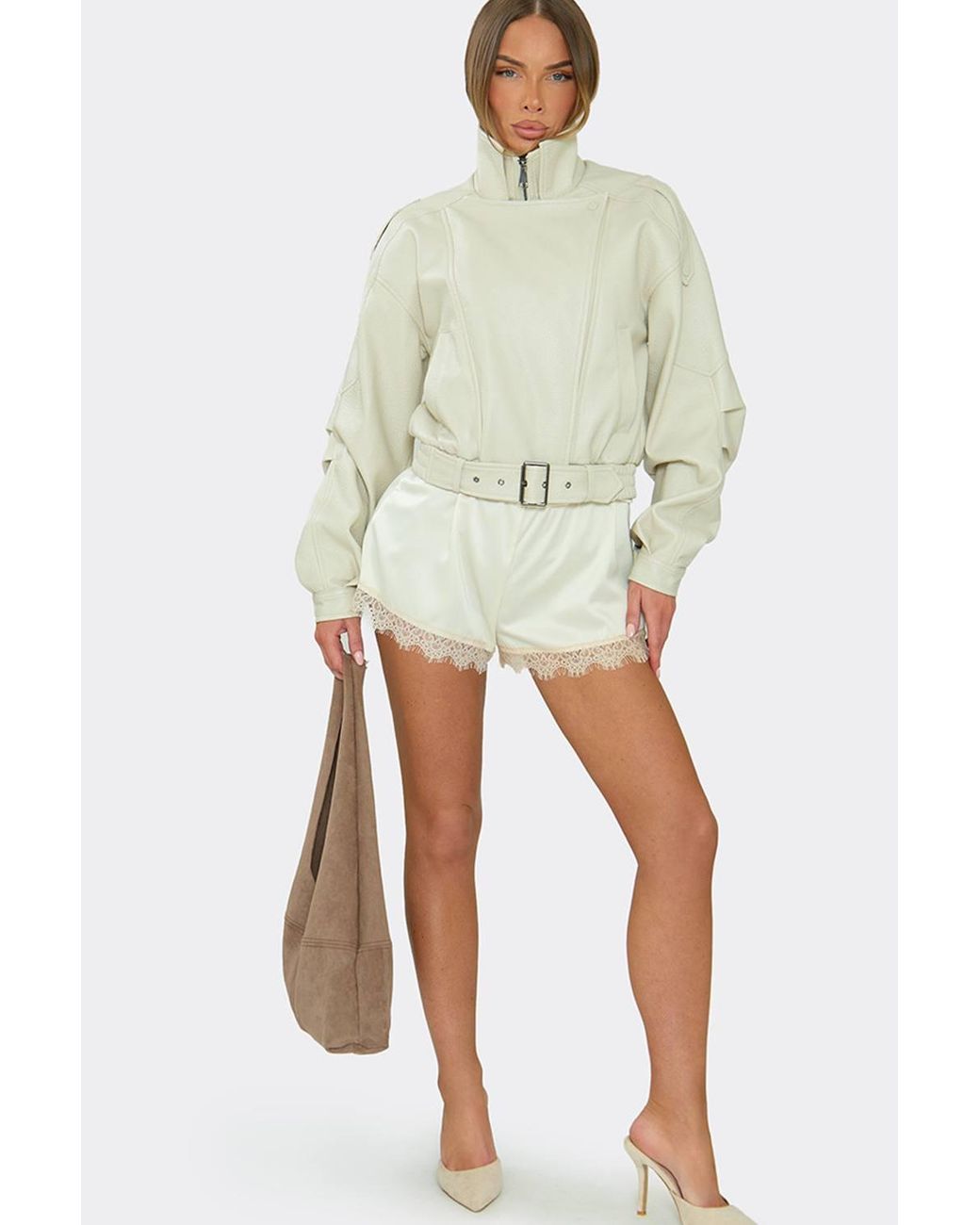 EGO Natural Biker Style Long Sleeve Belted High Neck Jacket