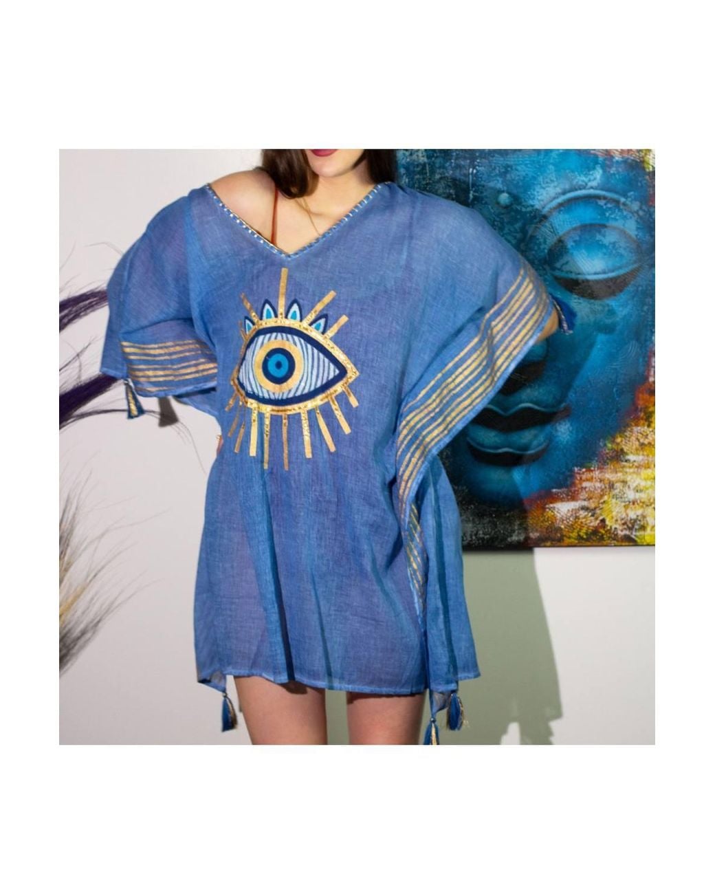 KDMD Blue Nomad Sari Kaftan Rich Evil Eye V Neck Tassel