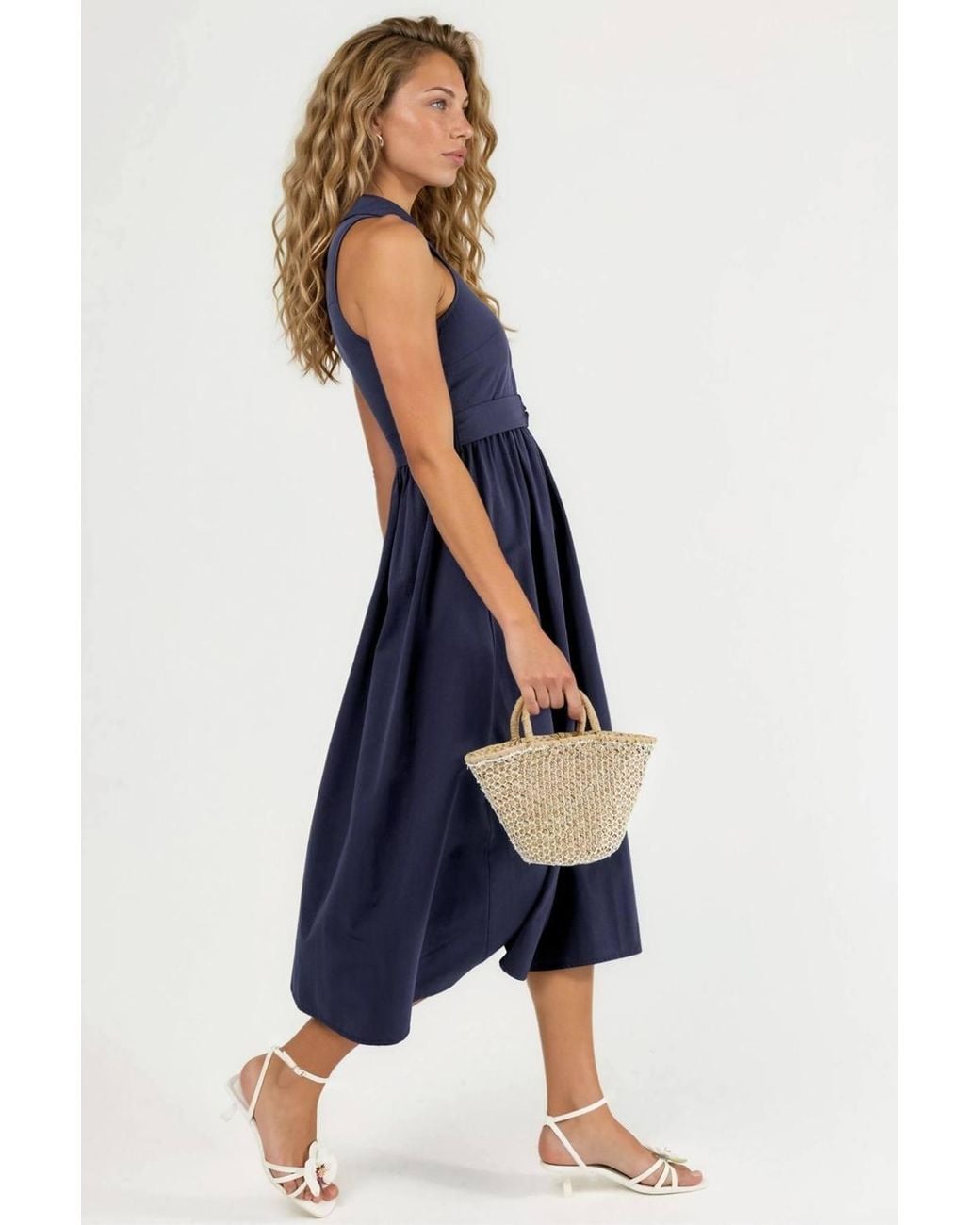 Busem Blue Belted Shirt Collar Midi Dress