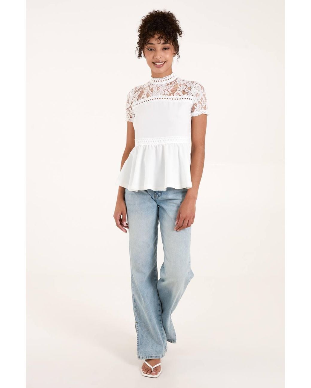 Blue Vanilla White Lace Trimmed Peplum Top