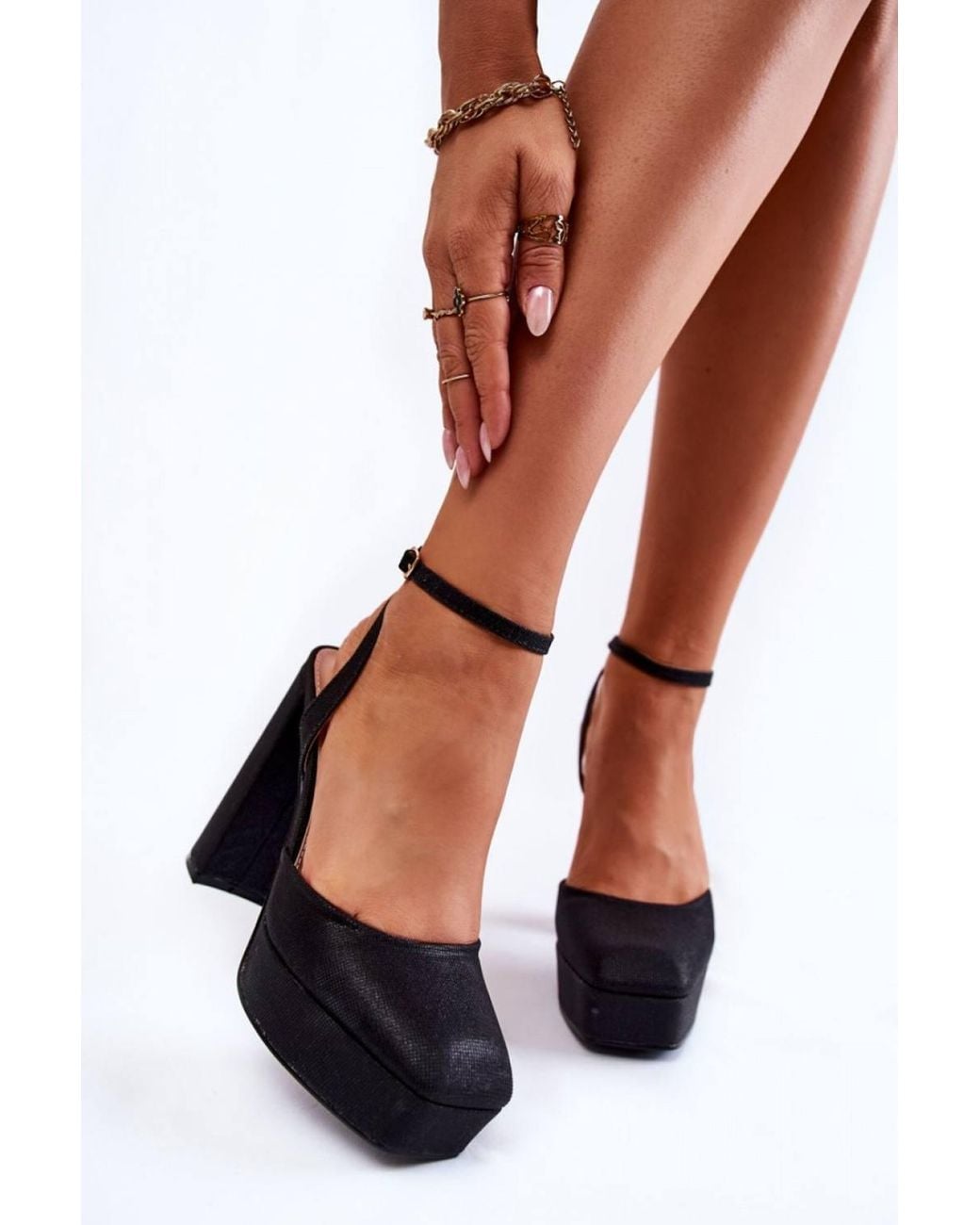 Love Lace Black Glitter Heel Sandals With Square Toe Ankle Buckle Party Style