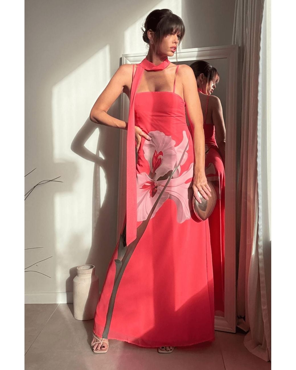 Style Cheat Pink Peony Soft Satin Maxi Dress With Scarf