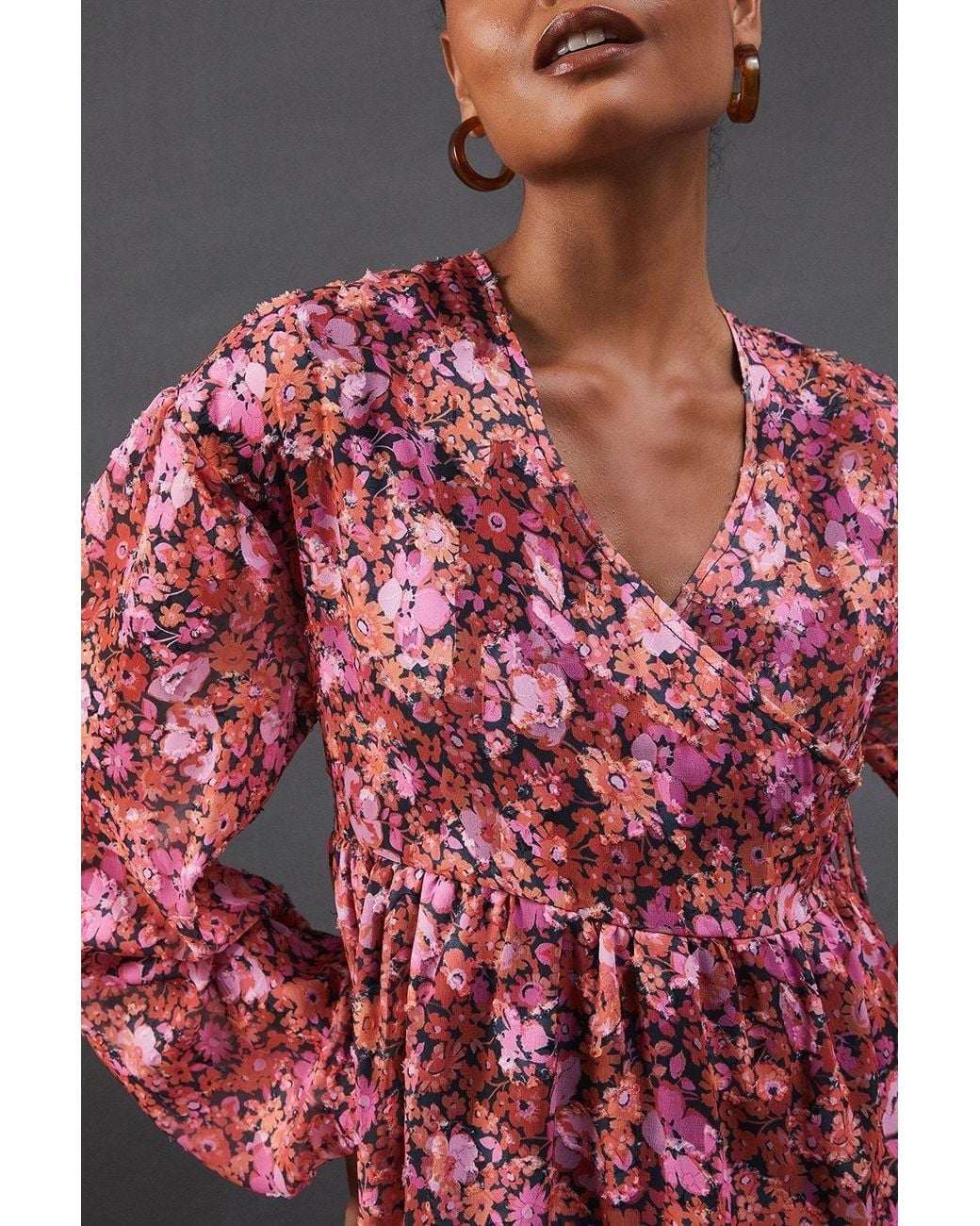 Warehouse Red Floral Burnout Chiffon Wrap Smock Midi Dress
