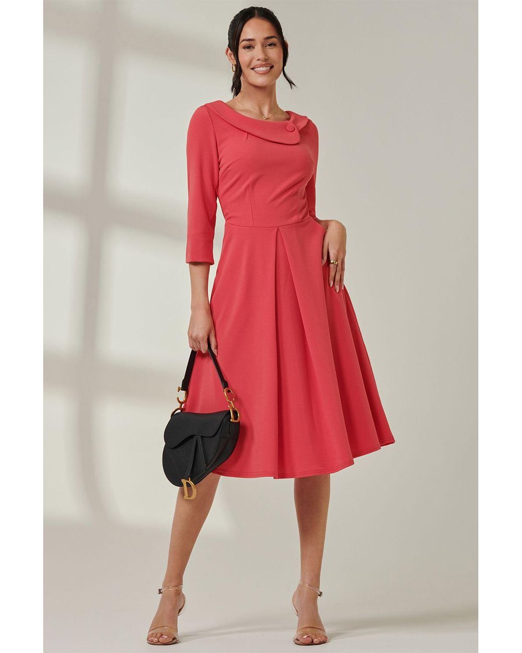 Jolie Moi Red Fold Neckline Sleeved Midi Dress