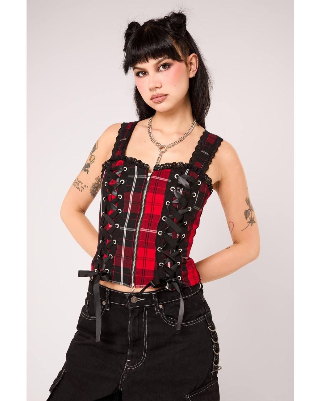 Hell Bunny Red Quinzel Tartan Lace Up Sweetheart Corset Style Top