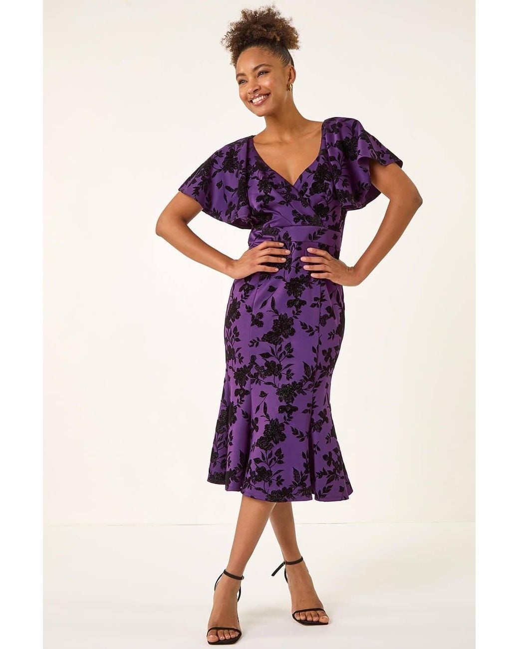 Roman Gray Glitter Floral Flocked Flutter Dress