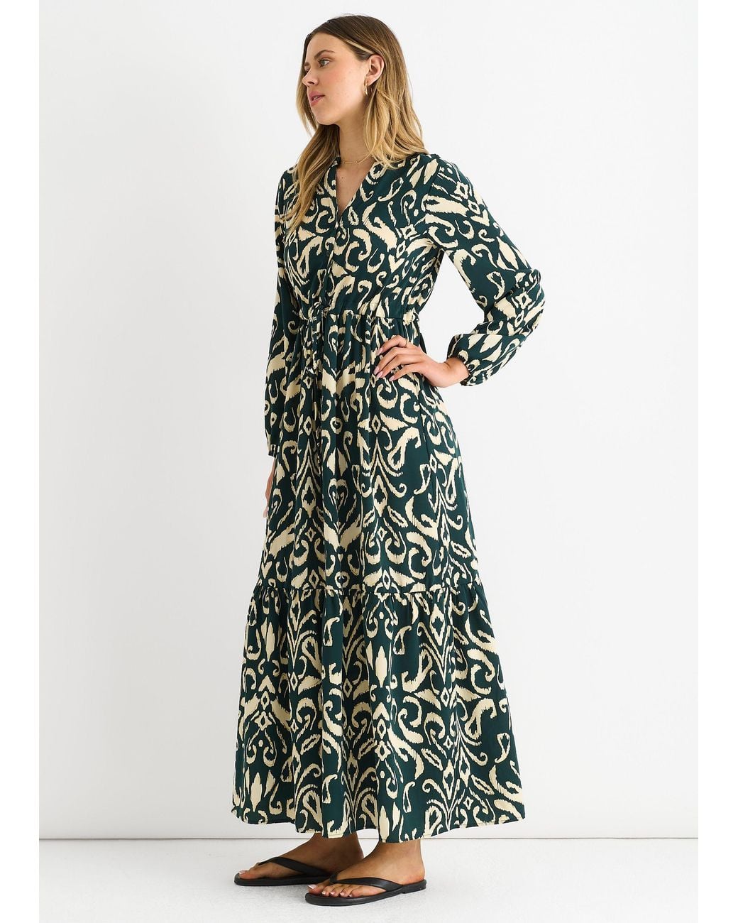 Gini London Green Ikat Print Tie Waist Maxi Dress